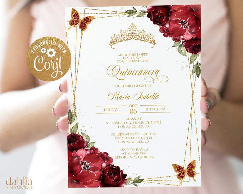May include: Gold and white Quincea&ntilde;era invitation with a red floral design, a gold crown, and butterflies. The text reads "Quincea&ntilde;era" of their daughter "Maria Isabella" with the date and time of the event. RSVP information is included.