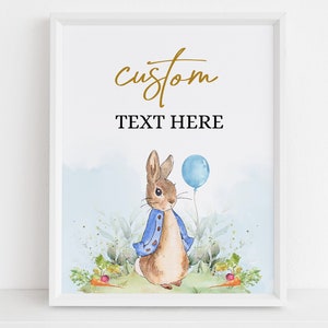 EDITIERBARE Peter Rabbit Babyparty Benutzerdefinierte Text Zeichen, rustikale Boy Bunny Aquarell Banner, blauer Ballon Frühlingsbrunch, Instant Download BS133