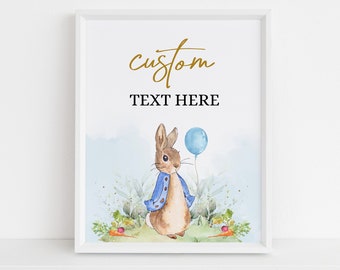 EDITABLE Peter Rabbit Baby Shower Signo de texto personalizado, Banner de acuarela de conejito de niño rústico, Brunch de primavera con globo azul, Descarga instantánea BS133