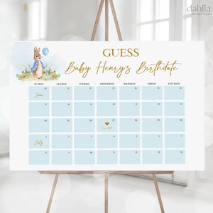 Peter Rabbit Babyparty Vermutung Babys Ankunft, bearbeitbarer Flopsie Bunny Babyparty Fälligkeitsdatumskalender, Blauer Häschenballon Vermutung Geburtsdatum BS133