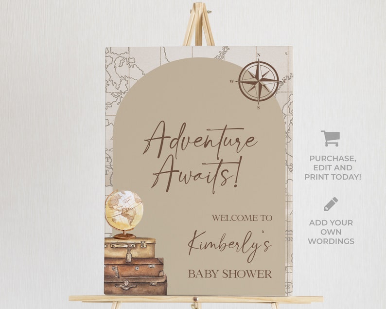 K&ouml;nnte beinhalten: Ein braunes und beiges Willkommens-Schild f&uuml;r eine Babyparty mit Kompass, Globus und Koffern. Der Text lautet "Abenteuer wartet! Willkommen zur Babyparty von Kimberly".