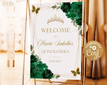 Signo de bienvenida de Quinceañera, Decoración de fiesta EDITABLE Esmeralda y Oro, Estandarte de Quinceañera Floral Verde, Mis Quince Anos, Fiesta de Cumpleaños 15, Q012