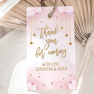 Twinkle Twinkle Little Star Baby Shower Thank You For Coming Gift Tag, Moon & Stars Baby Sprinkle Party Favor, Pink and Gold Card, BS128