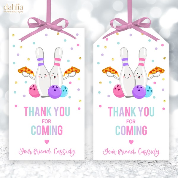 Thank You For Coming Gift Tag, EDITABLE Bowling and Pizza Party Favor, Let's Strike Up A Slice Of Fun, Birthday Girl, Instant Download KP144