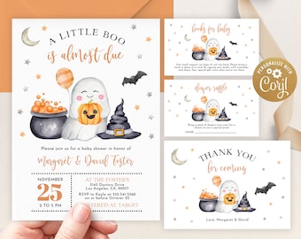 May include: Halloween-themed baby shower invitations and inserts. The main invitation features a watercolor ghost holding a pumpkin, with text that reads "A Little Boo is Almost Due." Additional cards include "Books for Baby," "Diaper Raffle," and a thank you card.