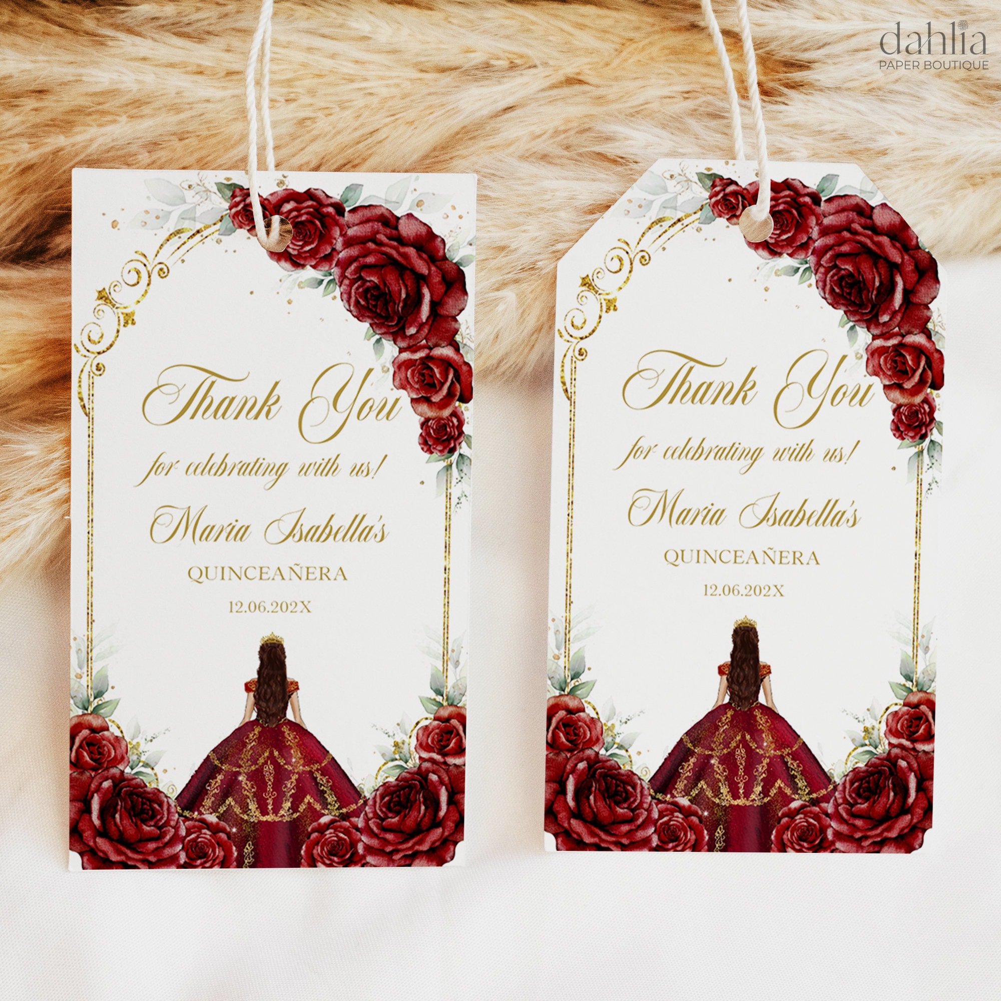Burgundy Red and Gold Quinceañera Thank You Gift Tag, Editable Mis Quince Anos Giveaway, 15th Birthday Party Favor, Printable Label, Q037