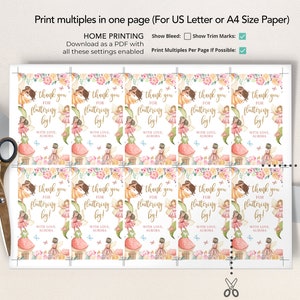 May include: Printable thank you tags featuring a watercolor illustration of a fairy with flowers and butterflies. The text reads "Thank you for fluttering by! With love, Aurora".