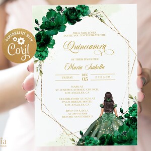 Quinceañera Invitation, EDITABLE Emerald Green and Gold Party Invite Template, Mis Quince Anos, 15th Birthday Party, Instant Download, Q009