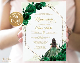 Quinceañera Invitation, EDITABLE Emerald Green and Gold Party Invite Template, Mis Quince Anos, 15th Birthday Party, Instant Download, Q009