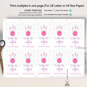 May include: Printable thank you cards featuring a pink bowling ball and pins with the text "Thank You for Coming" and "Your Friend Cassidy".