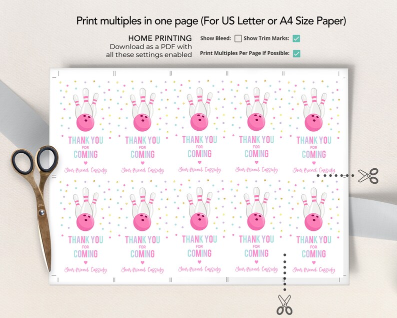 May include: Printable thank you cards featuring a pink bowling ball and pins with the text "Thank You for Coming" and "Your Friend Cassidy".