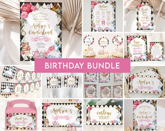 May include: A printable birthday party bundle featuring a whimsical Alice in Wonderland theme. The set includes a banner, cupcake toppers, welcome sign, thank you card, and more. The design features a black and white checkered pattern, pink and gold accents, and illustrations of Alice, the Mad Hatter, and other characters from the story.
