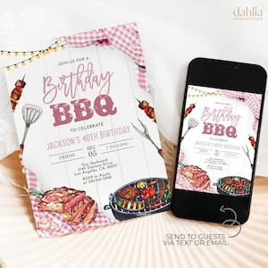 May include: A birthday BBQ invitation with the text "Join us for a Birthday BBQ to celebrate Jackson's 40th Birthday". The invitation includes illustrations of grilled food and a smartphone displaying the same invitation.