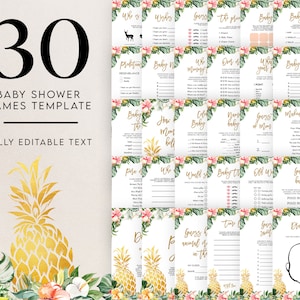 Könnte beinhalten: Eine Sammlung von 30 Babyparty-Spielvorlagen mit vollständig bearbeitbarem Text. Das Design zeigt eine goldene Ananas und florale Akzente. Die Spiele umfassen "Wünsche", "Schätze den Preis" und "Zeichne das Baby".