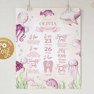 Onder de zee eerste verjaardag mijlpaal poster, BEWERKBARE meisje verjaardag teken sjabloon, baby&#39;s 1e verjaardag, zee dier Instant Download, KP095