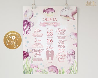 Under The Sea First Birthday Milestone Poster, EDITABLE Girl Birthday Sign Template, Baby's 1st Birthday, Sea Animal Instant Download, KP095