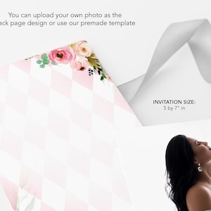 May include: A pink and white checkered invitation with floral accents. The invitation is 5 by 7 inches.