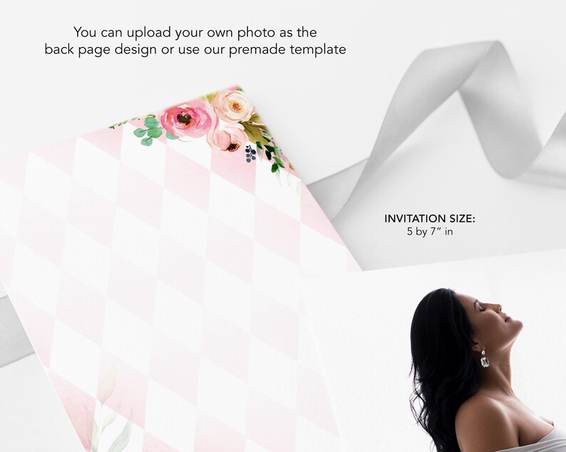 May include: A pink and white checkered invitation with floral accents. The invitation is 5 by 7 inches.