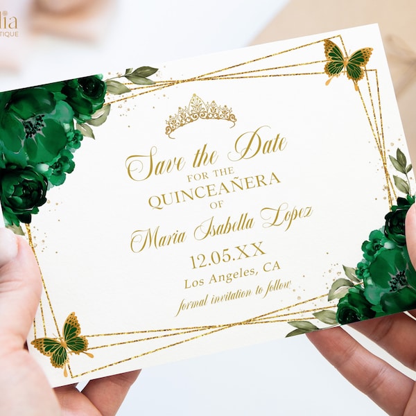Quinceañera Save the Date Template, Emerald Gold Floral Quince Printable, Princess Mis Quince 15 Anos 15th Birthday, Instant Download, Q012