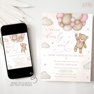 Convite para chá de bebê ursinho de pelúcia, balão rosa blush EDITÁVEL nuvens brunch para bebês, modelo de festa para meninas, cartão podemos esperar, BS194