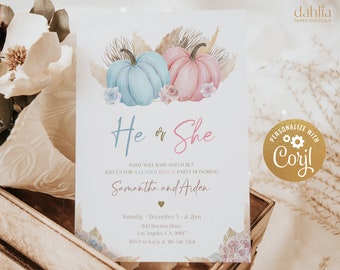 Kürbis Gender Reveal Einladung, Herbst Gender Reveal Party Invite Template, er oder sie, Junge oder Mädchen, Halloween Baby Shower, Boho Herbst GR014