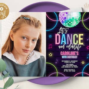 Dance Party Invitation with Photo, Editable Disco Party Invite, Customizable Glow Neon Template, Dancing Tween Girls, Instant Download KP067