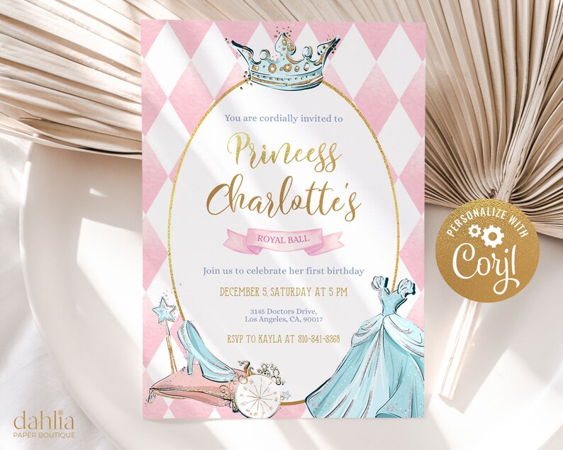 Cinderella Birthday Invitation EDITABLE Princess Party Invite Template Pink Royal Ball Castle Crown Fairytale Instant