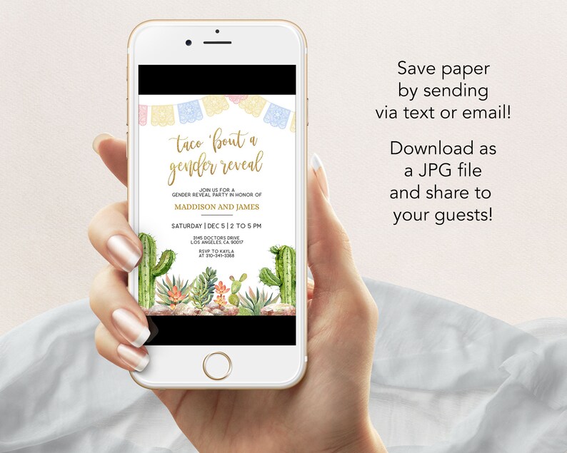 Taco 'Bout A Gender Reveal Invitation , Fiesta Gender Reveal Invite Template, Cactus Mexican Fiesta, He or She, Boy Girl, Watercolor, GR001 image 4