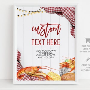 Puede incluir: Un cartel imprimible con un fondo a cuadros rojo y blanco, una ilustraci&oacute;n de acuarela de cangrejos de r&iacute;o, ma&iacute;z y patatas, y el texto "texto personalizado aqu&iacute;". A&ntilde;ade tu propio texto, cambia las fuentes y los colores. &iexcl;Compra, edita e imprime hoy mismo! A&ntilde;ade tu propio texto.