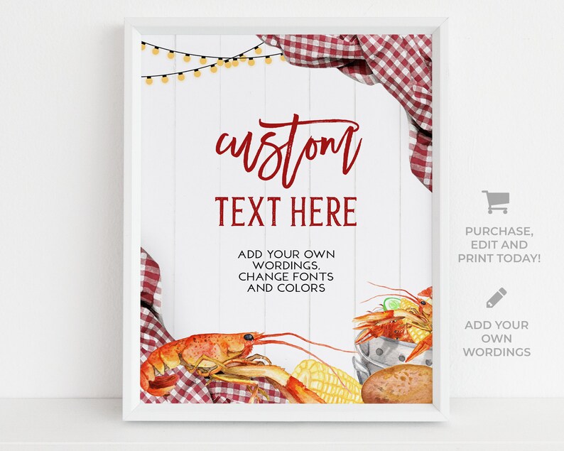Puede incluir: Un cartel imprimible con un fondo a cuadros rojo y blanco, una ilustraci&oacute;n de acuarela de cangrejos de r&iacute;o, ma&iacute;z y patatas, y el texto "texto personalizado aqu&iacute;". A&ntilde;ade tu propio texto, cambia las fuentes y los colores. &iexcl;Compra, edita e imprime hoy mismo! A&ntilde;ade tu propio texto.