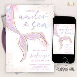 Under The Sea Birthday Invitation, EDITABLE Mermaid Girl Party Invite Template, Magical Sea Life, Pink Gold Mermaid, Instant Download KP184