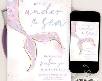 Under The Sea Birthday Invitation, EDITABLE Mermaid Girl Party Invite Template, Magical Sea Life, Pink Gold Mermaid, Instant Download KP184