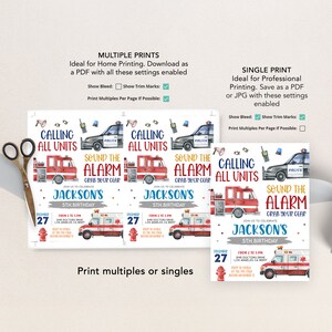 May include: A printable invitation for a 5th birthday party with a fire truck, police car, and ambulance theme. The invitation says "Calling All Units! Sound the Alarm! Grab Your Gear! Join us to celebrate Jackson's 5th Birthday!" with a date and time.
