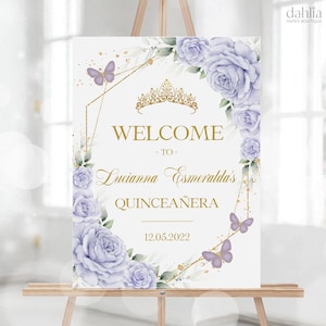 Lilac Purple and Gold Quinceañera Welcome Sign, EDITABLE Lavender Butterfly Banner, Mis Quince Anos Poster, Floral 15th Birthday Decor, Q094