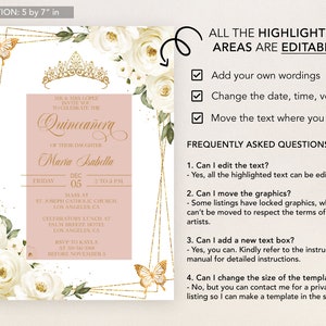 May include: A pink and gold Quincea&ntilde;era invitation featuring white roses and butterflies. The invitation includes the text "Quincea&ntilde;era" and "Maria Isabella". The invitation measures 12.7 cm by 17.8 cm.