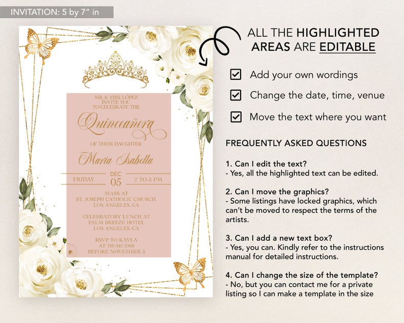 May include: A pink and gold Quincea&ntilde;era invitation featuring white roses and butterflies. The invitation includes the text "Quincea&ntilde;era" and "Maria Isabella". The invitation measures 12.7 cm by 17.8 cm.