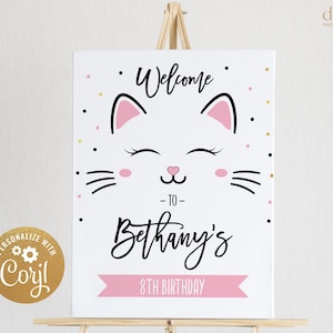 Kitty Cat Birthday Welcome Sign, EDITABLE Purrfect Party Invite Template, Are You Kitten Me Right Meow Baby Pink Girl Instant Download KP085