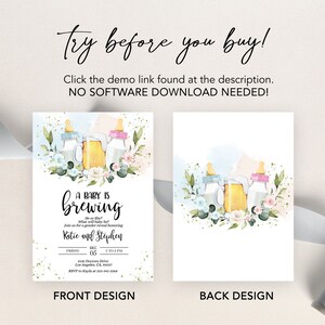 May include: A baby shower invitation with a watercolor illustration of a beer mug, two baby bottles, and floral accents. The text reads "A baby is brewing" and includes the names "Katie and Stephen".