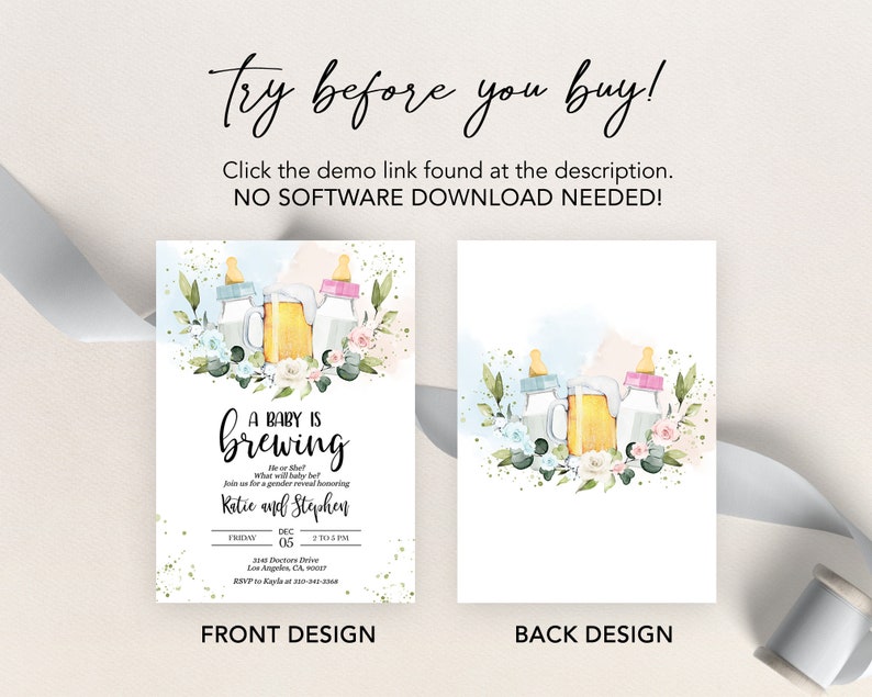 May include: A baby shower invitation with a watercolor illustration of a beer mug, two baby bottles, and floral accents. The text reads "A baby is brewing" and includes the names "Katie and Stephen".
