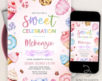 Sweet Celebration Invitation, EDITABLE Candy Land Party Invite, Sweets Candy Birthday, Pastel Pink Desserts Template, Instant Download KP200