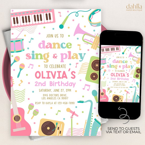 Dance Sing Play Party Invitation, Editable Music Birthday Invite, Rock Star Band, Girls Musical Instruments Invite, Instant Download, KP348