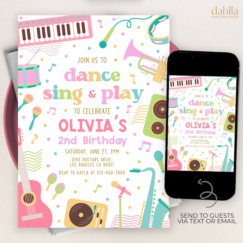 May include: A colourful invitation for a 2nd birthday party with a music theme. The invitation features a variety of musical instruments, including a keyboard, a trumpet, a guitar, a microphone, and a record player. The text on the invitation reads "Join us to dance, sing & play to celebrate Olivia's 2nd Birthday".