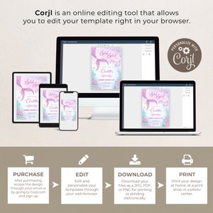 May include: A digital mockup of a printable invitation for a mermaid-themed party. The invitation features a pink and purple mermaid tail with a crown and the text "Splash Splash Mermaid Bash" and "Charlotte". The invitation is shown on a computer screen, tablet, and phone.