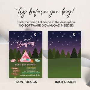 K&ouml;nnte beinhalten: Eine druckbare Einladung zu einer Glamping-Geburtstagsparty. Die Vorderseite der Einladung zeigt ein rosa Zelt mit einem Schlafsack im Inneren, ein Lagerfeuer und ein Schild mit der Aufschrift "Let's Go Glamping". Die R&uuml;ckseite der Einladung zeigt einen Nachthimmel mit Sternen und einem Halbmond &uuml;ber einem Wald.