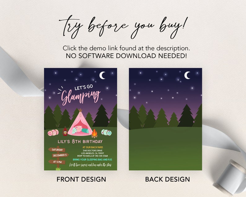 K&ouml;nnte beinhalten: Eine druckbare Einladung zu einer Glamping-Geburtstagsparty. Die Vorderseite der Einladung zeigt ein rosa Zelt mit einem Schlafsack im Inneren, ein Lagerfeuer und ein Schild mit der Aufschrift "Let's Go Glamping". Die R&uuml;ckseite der Einladung zeigt einen Nachthimmel mit Sternen und einem Halbmond &uuml;ber einem Wald.