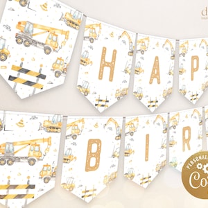 Construction Trucks Happy Birthday Banner, EDITABLE Trucks Birthday Banner, Boy Party Decorations, Digger Excavator, Instant Download, KP189