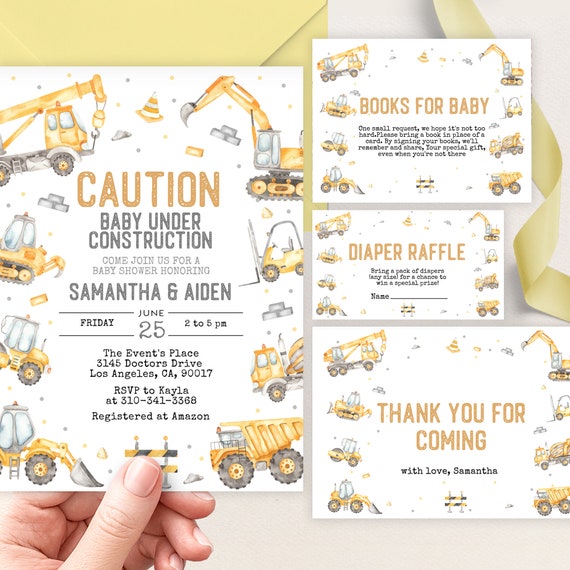 Modern Construction Baby Shower Invitation Set, EDITABLE Dump Trucks Party Pack, Baby Under Construction Bundle, DIY Excavator Invite, BS201