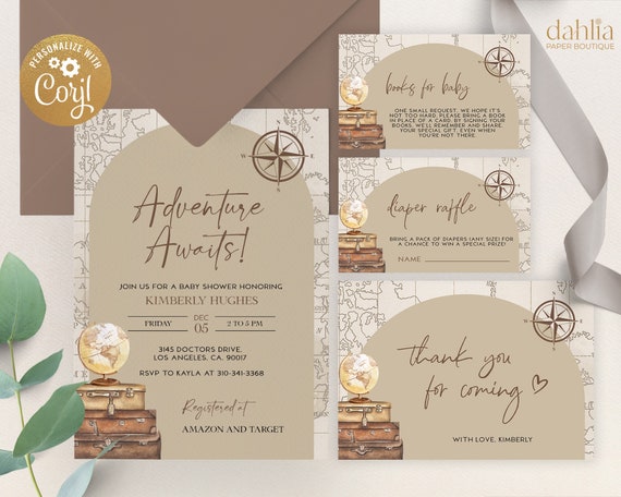 Adventure Awaits Baby Shower Invitation Set, Travel Baby Sprinkle Template, Adventure, Suitcase, Globe, Map, Unisex, Gender Neutral, BS093 Il_570xn