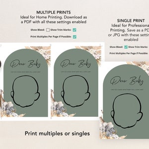 May include: Two printable baby shower game cards with a green background and a white border. The cards feature a drawing of a baby's face with the text "Draw Baby" and "Can you guess what baby will look like?"