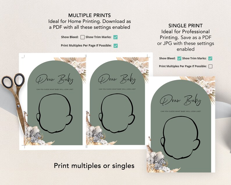 May include: Two printable baby shower game cards with a green background and a white border. The cards feature a drawing of a baby's face with the text "Draw Baby" and "Can you guess what baby will look like?"